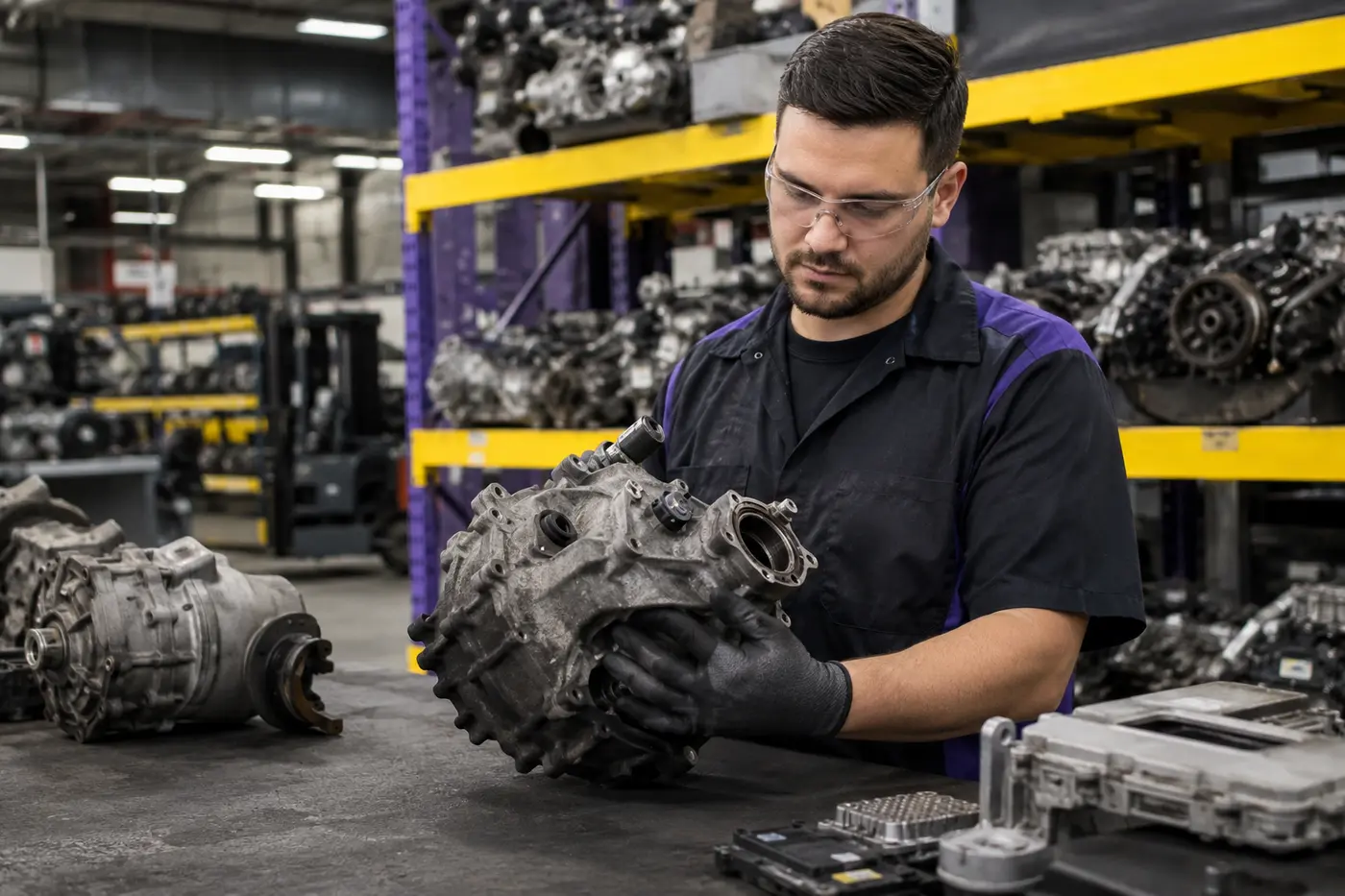 Specialist visually reviewing a used OEM auto part